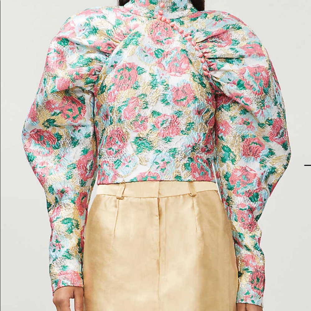 ROTATE Birger Christensen Kim Ruched Floral jacquard top